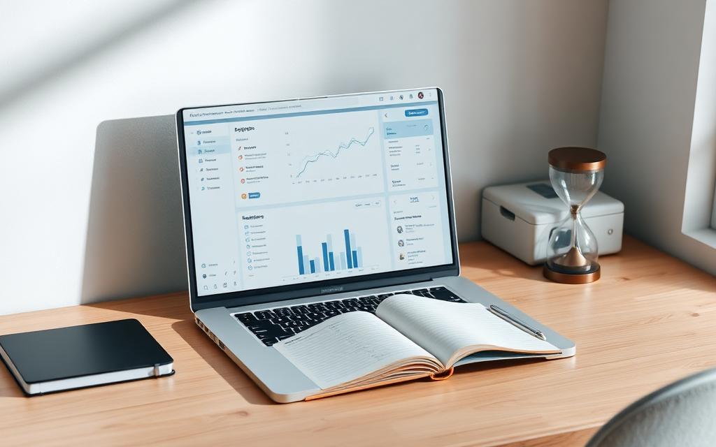 Aufgeräumter Schreibtisch mit Laptop, Notizbuch und Sanduhr als Symbol für effizientes Bewerber-Management